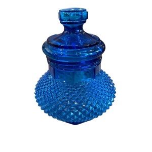 VINTAGE Cobalt Blue DIAMOND POINT GLASS CANDY DISH & LID